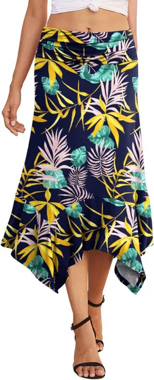PrinStory Women's Casual Elegant Flowy Handkerchief Hemline Midi Skirt