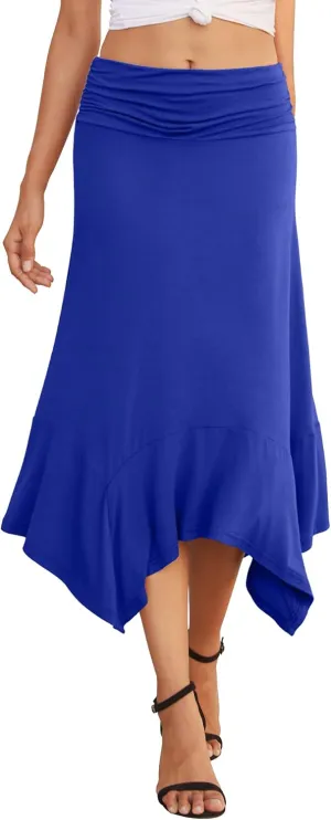 PrinStory Women's Casual Elegant Flowy Handkerchief Hemline Midi Skirt