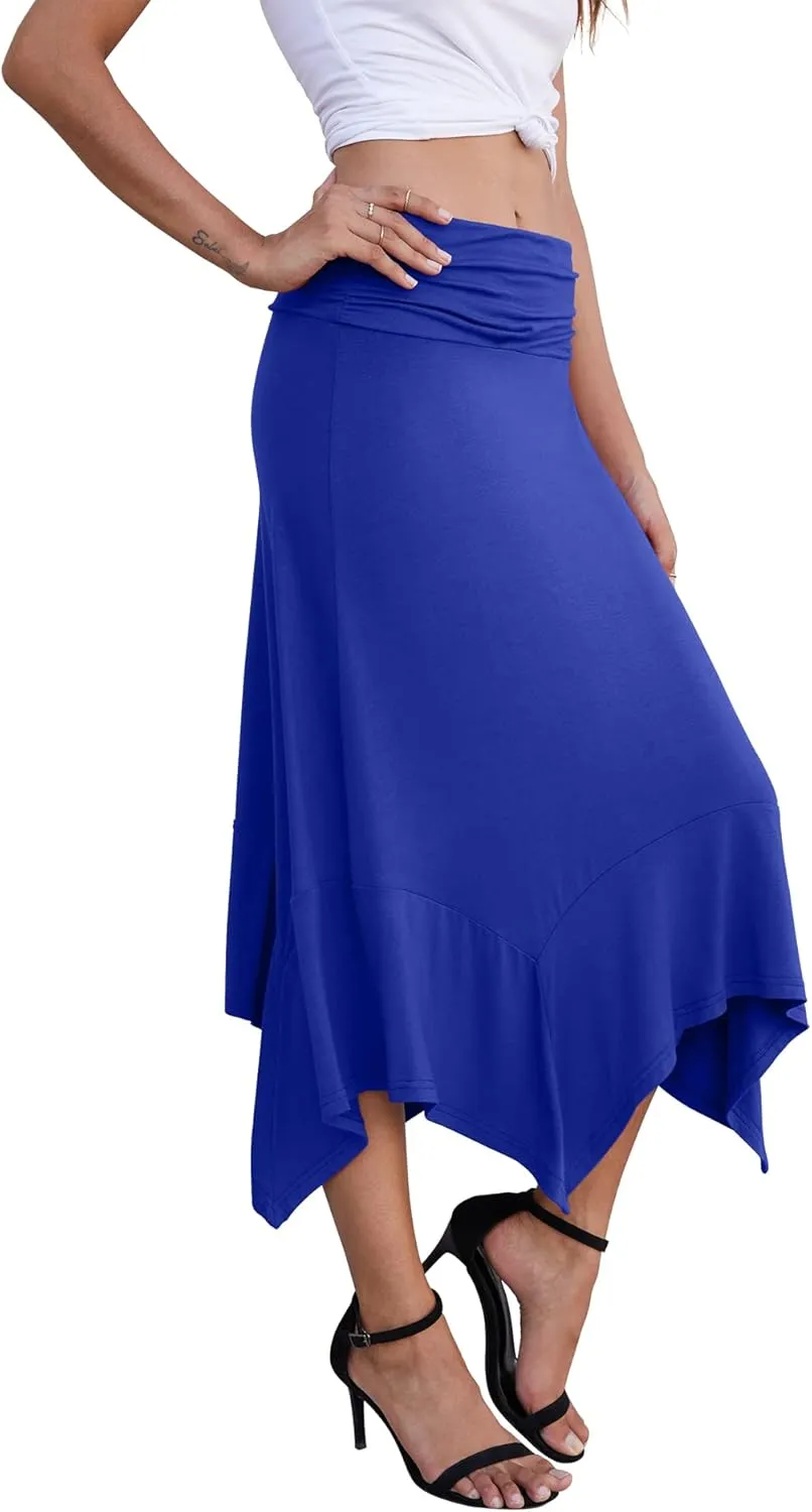 PrinStory Women's Casual Elegant Flowy Handkerchief Hemline Midi Skirt