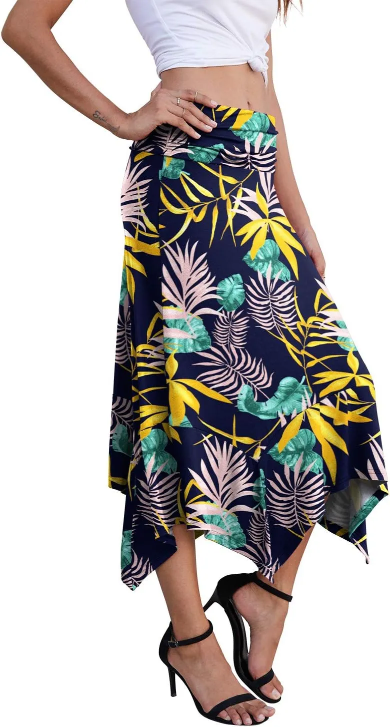PrinStory Women's Casual Elegant Flowy Handkerchief Hemline Midi Skirt