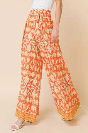 Print self sash tie wide leg pants