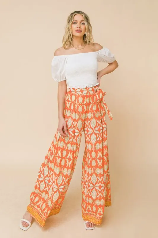 Print self sash tie wide leg pants