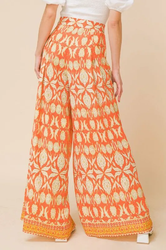 Print self sash tie wide leg pants