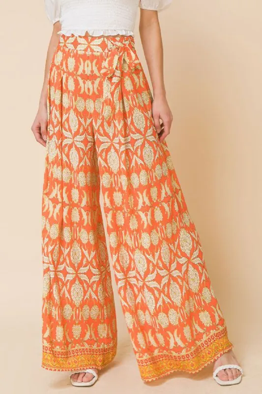 Print self sash tie wide leg pants