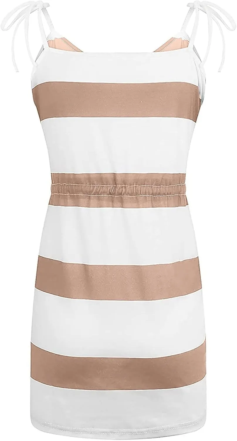 Qeaghou Summer Dresses for Women 2024 Casual Loose Sling V Neck Mini Dress Trendy Striped Drawstring Sundresses with Pockets
