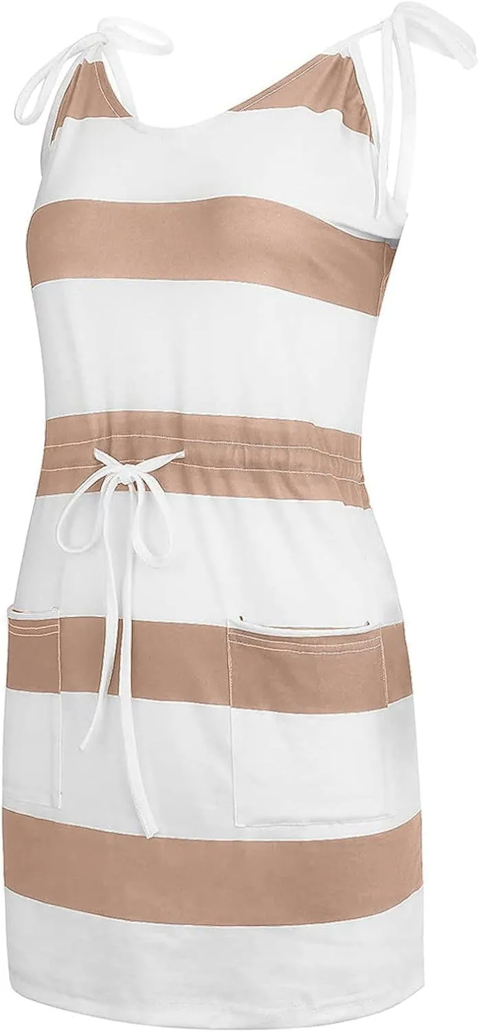Qeaghou Summer Dresses for Women 2024 Casual Loose Sling V Neck Mini Dress Trendy Striped Drawstring Sundresses with Pockets