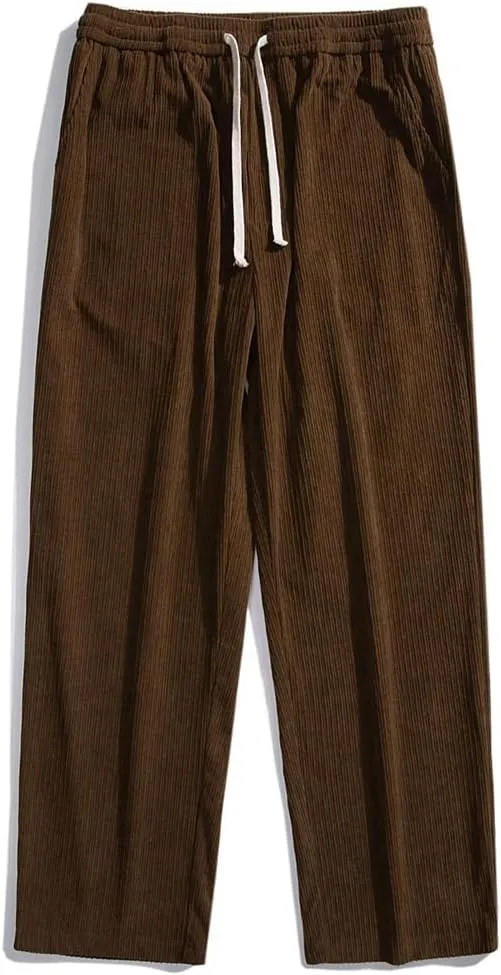 Rexcyril Men's Baggy Wide Leg Loose Fit Corduroy Pants Elastic Waist Straight Relaxed Drawstring Sweatpants