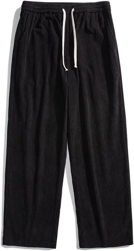 Rexcyril Men's Baggy Wide Leg Loose Fit Corduroy Pants Elastic Waist Straight Relaxed Drawstring Sweatpants