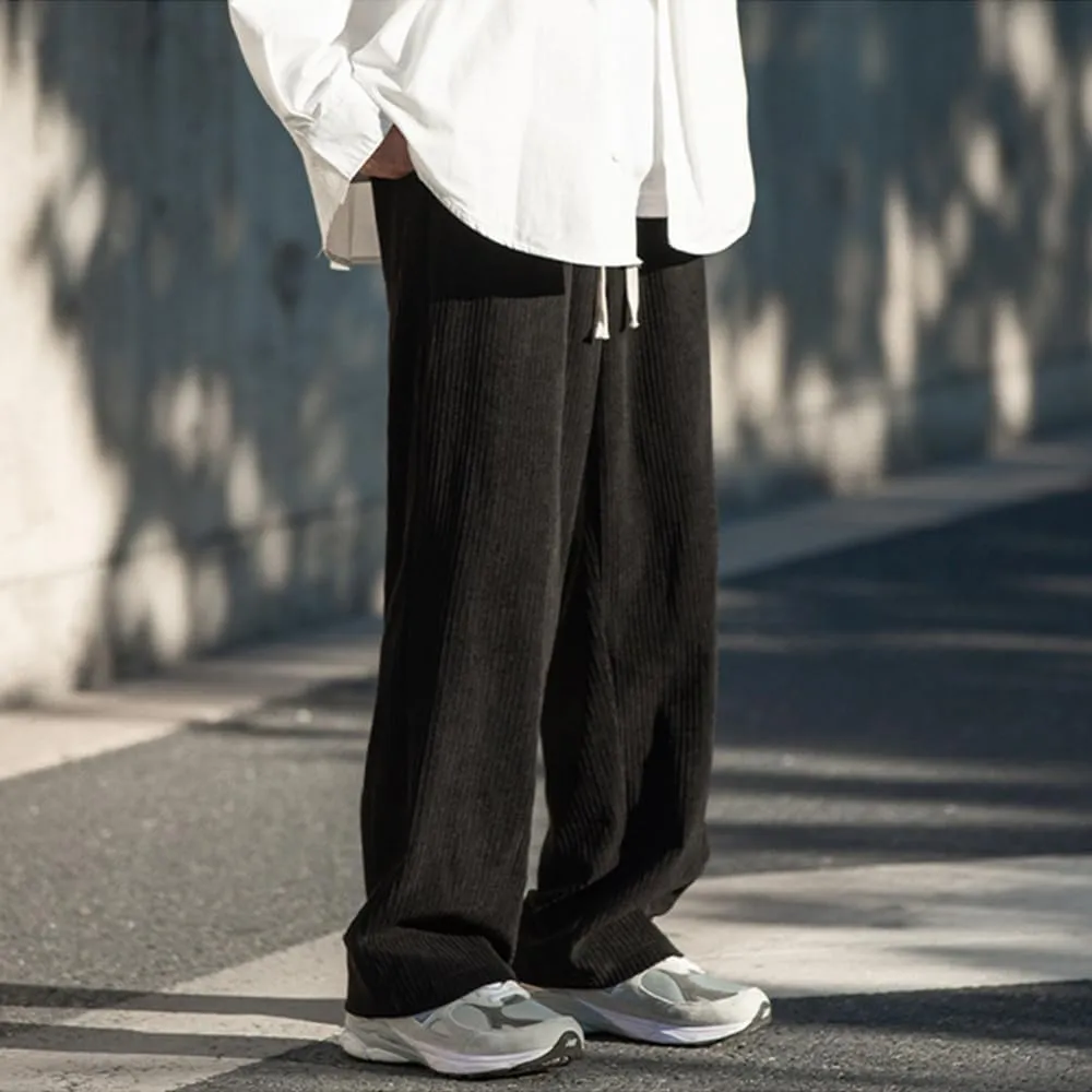 Rexcyril Men's Baggy Wide Leg Loose Fit Corduroy Pants Elastic Waist Straight Relaxed Drawstring Sweatpants