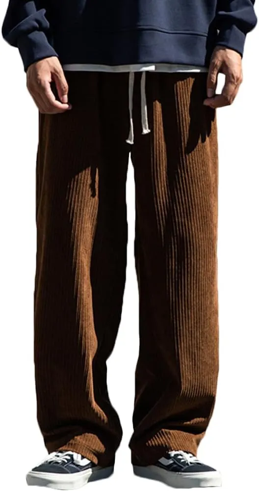 Rexcyril Men's Baggy Wide Leg Loose Fit Corduroy Pants Elastic Waist Straight Relaxed Drawstring Sweatpants