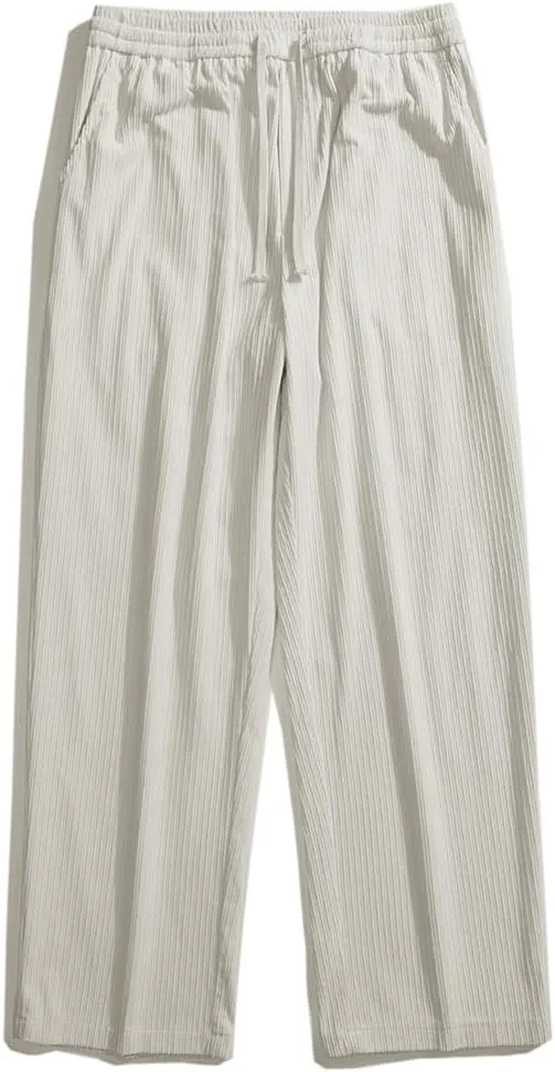 Rexcyril Men's Baggy Wide Leg Loose Fit Corduroy Pants Elastic Waist Straight Relaxed Drawstring Sweatpants
