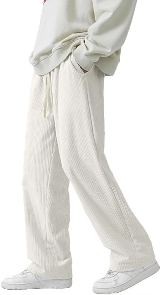 Rexcyril Men's Baggy Wide Leg Loose Fit Corduroy Pants Elastic Waist Straight Relaxed Drawstring Sweatpants