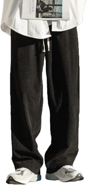 Rexcyril Men's Baggy Wide Leg Loose Fit Corduroy Pants Elastic Waist Straight Relaxed Drawstring Sweatpants
