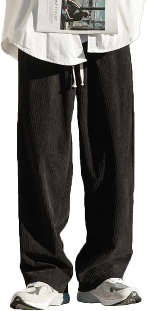 Rexcyril Men's Baggy Wide Leg Loose Fit Corduroy Pants Elastic Waist Straight Relaxed Drawstring Sweatpants