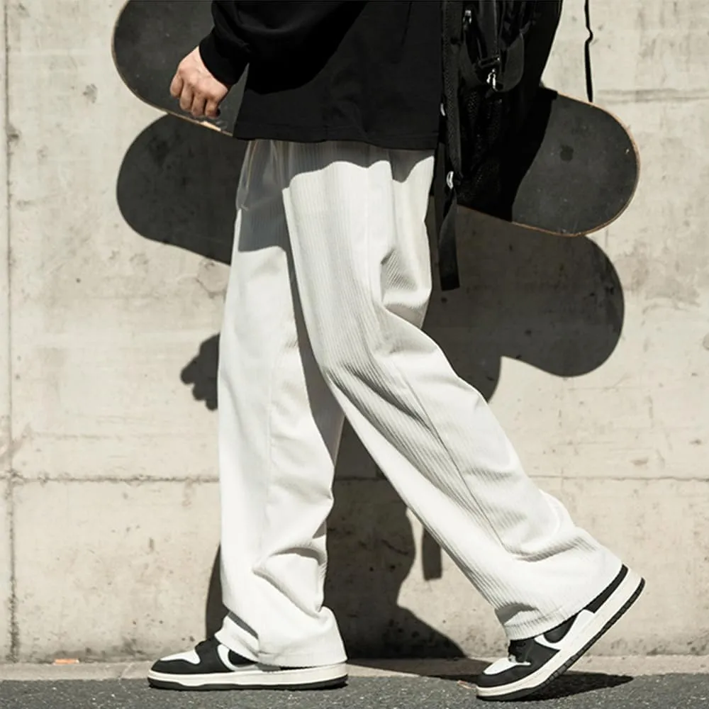 Rexcyril Men's Baggy Wide Leg Loose Fit Corduroy Pants Elastic Waist Straight Relaxed Drawstring Sweatpants