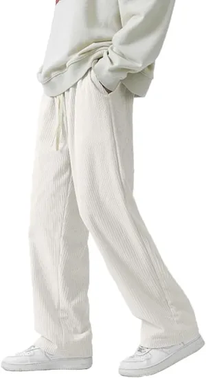 Rexcyril Men's Baggy Wide Leg Loose Fit Corduroy Pants Elastic Waist Straight Relaxed Drawstring Sweatpants
