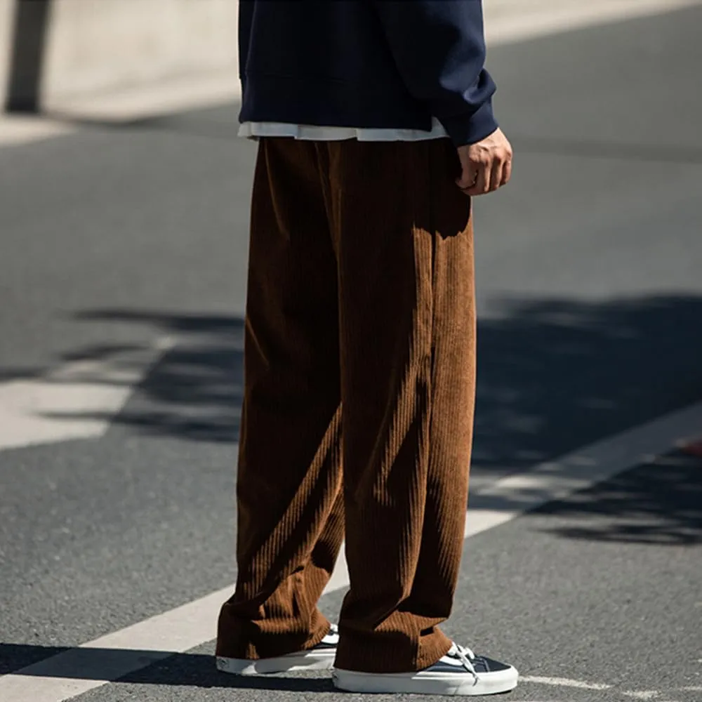Rexcyril Men's Baggy Wide Leg Loose Fit Corduroy Pants Elastic Waist Straight Relaxed Drawstring Sweatpants