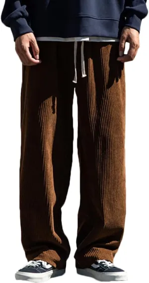 Rexcyril Men's Baggy Wide Leg Loose Fit Corduroy Pants Elastic Waist Straight Relaxed Drawstring Sweatpants
