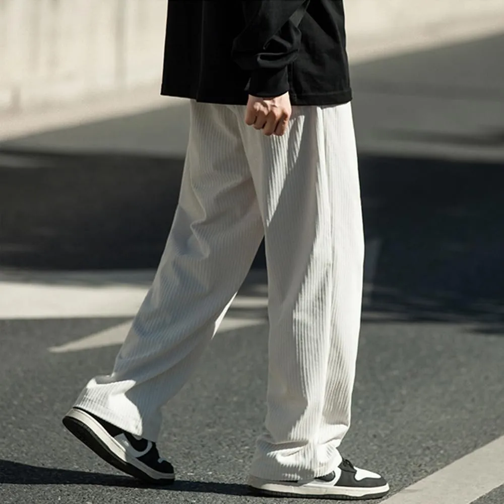 Rexcyril Men's Baggy Wide Leg Loose Fit Corduroy Pants Elastic Waist Straight Relaxed Drawstring Sweatpants