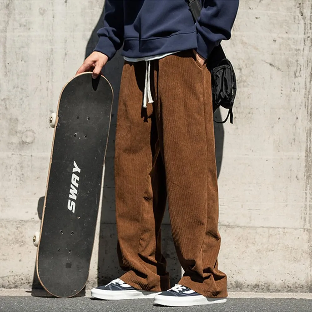 Rexcyril Men's Baggy Wide Leg Loose Fit Corduroy Pants Elastic Waist Straight Relaxed Drawstring Sweatpants
