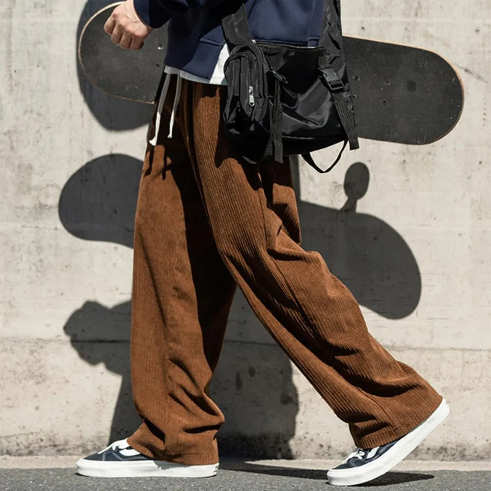 Rexcyril Men's Baggy Wide Leg Loose Fit Corduroy Pants Elastic Waist Straight Relaxed Drawstring Sweatpants