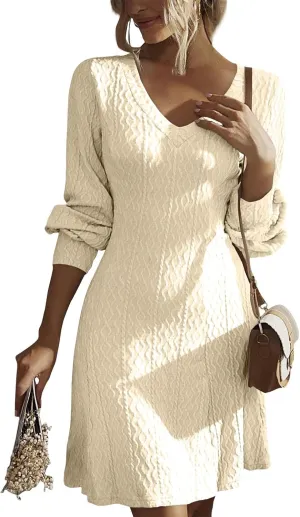 Ribbed Knit Dresses for Women Long Sleeve V Neck Mini A Line Dress Dressy Casual Work Dress Elegant Sweater Dresses