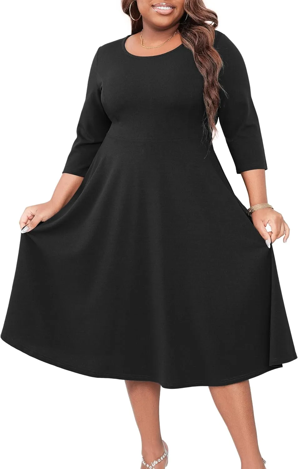 Runwind Women's Plus Size Midi Dress Classy High Waist Wedding Guest Dress Casual Crew Neck 3/4 Sleeve A-Line Swing Dresses