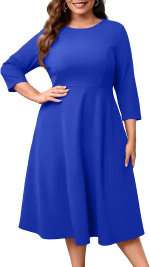 Runwind Women's Plus Size Midi Dress Classy High Waist Wedding Guest Dress Casual Crew Neck 3/4 Sleeve A-Line Swing Dresses