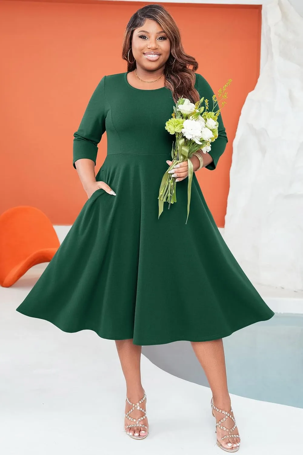 Runwind Women's Plus Size Midi Dress Classy High Waist Wedding Guest Dress Casual Crew Neck 3/4 Sleeve A-Line Swing Dresses