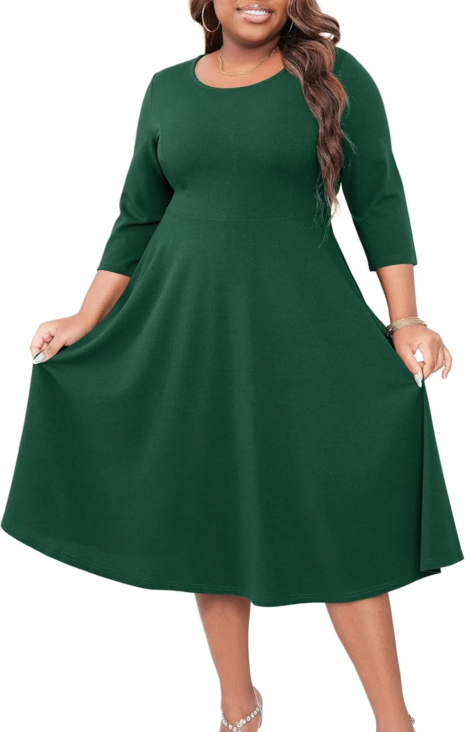 Runwind Women's Plus Size Midi Dress Classy High Waist Wedding Guest Dress Casual Crew Neck 3/4 Sleeve A-Line Swing Dresses