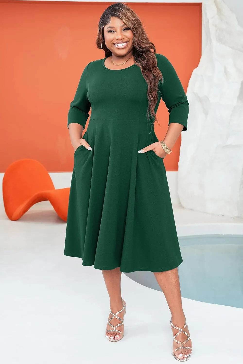 Runwind Women's Plus Size Midi Dress Classy High Waist Wedding Guest Dress Casual Crew Neck 3/4 Sleeve A-Line Swing Dresses