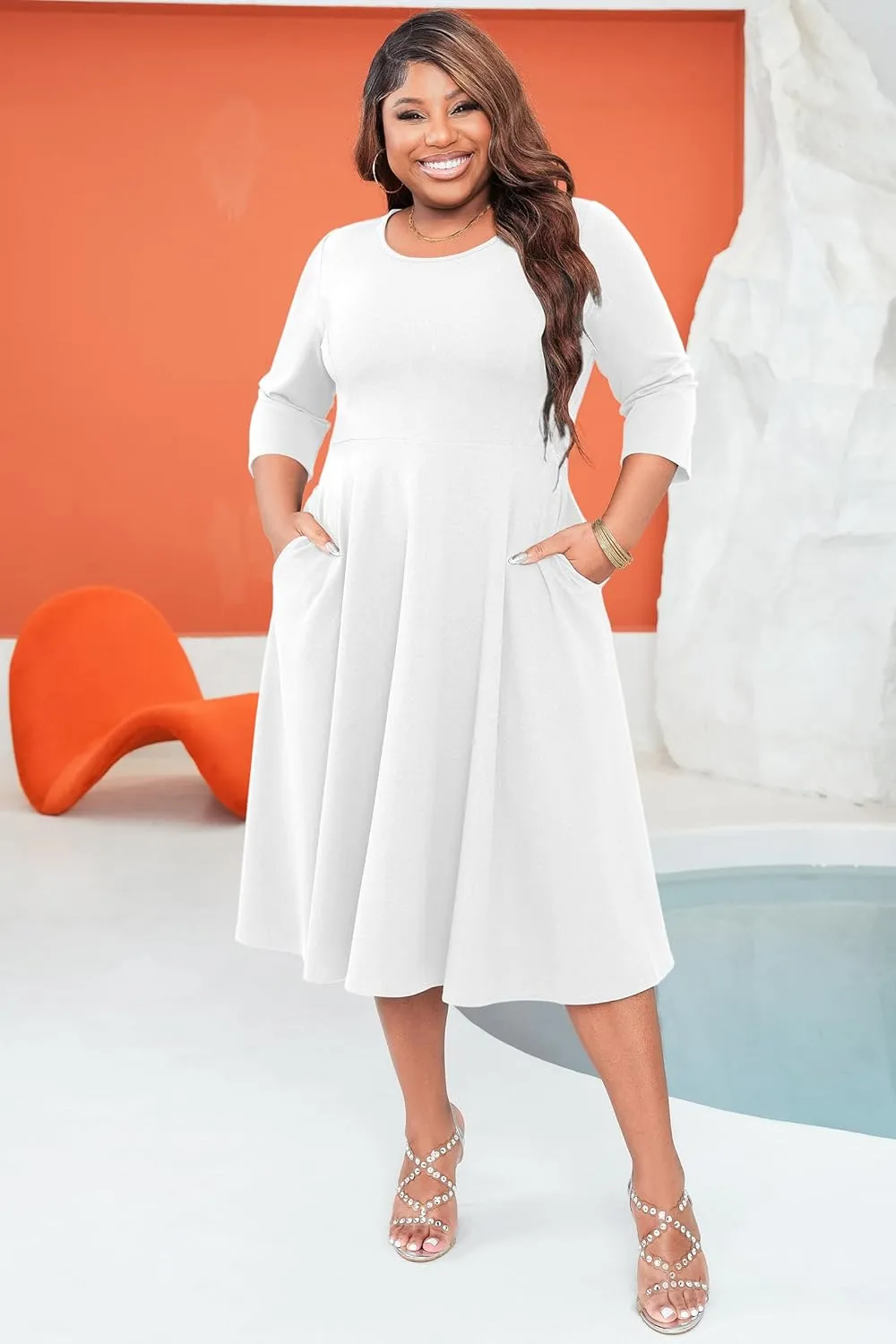Runwind Women's Plus Size Midi Dress Classy High Waist Wedding Guest Dress Casual Crew Neck 3/4 Sleeve A-Line Swing Dresses