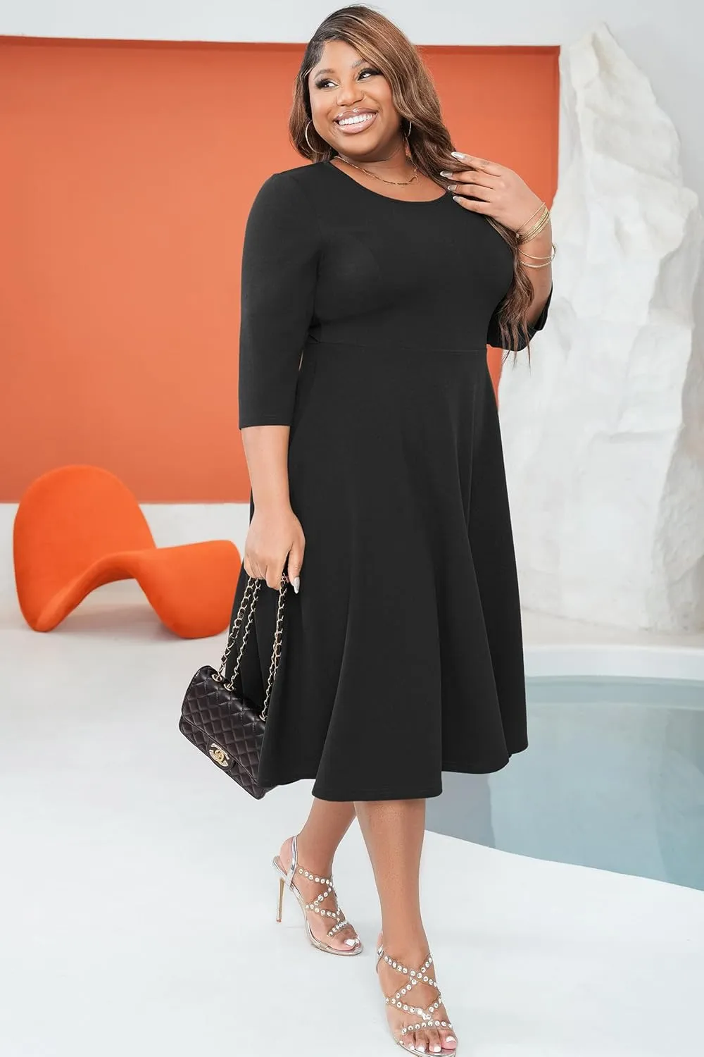 Runwind Women's Plus Size Midi Dress Classy High Waist Wedding Guest Dress Casual Crew Neck 3/4 Sleeve A-Line Swing Dresses