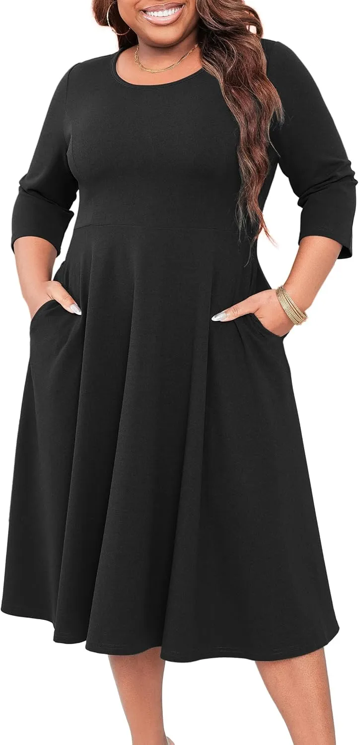Runwind Women's Plus Size Midi Dress Classy High Waist Wedding Guest Dress Casual Crew Neck 3/4 Sleeve A-Line Swing Dresses