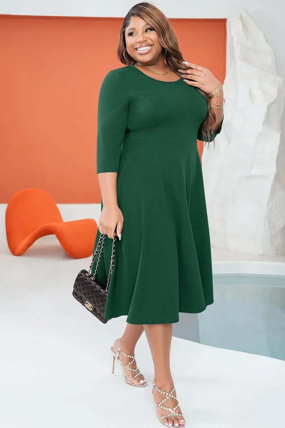 Runwind Women's Plus Size Midi Dress Classy High Waist Wedding Guest Dress Casual Crew Neck 3/4 Sleeve A-Line Swing Dresses