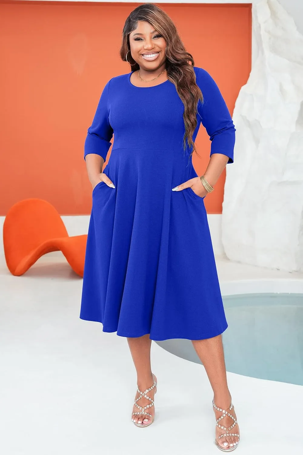 Runwind Women's Plus Size Midi Dress Classy High Waist Wedding Guest Dress Casual Crew Neck 3/4 Sleeve A-Line Swing Dresses