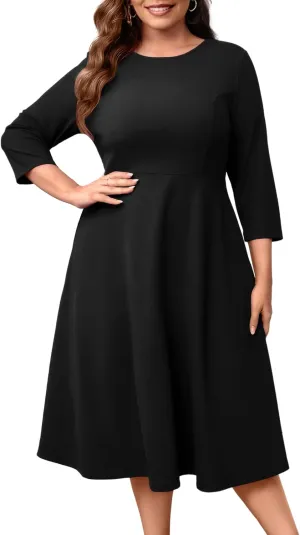 Runwind Women's Plus Size Midi Dress Classy High Waist Wedding Guest Dress Casual Crew Neck 3/4 Sleeve A-Line Swing Dresses