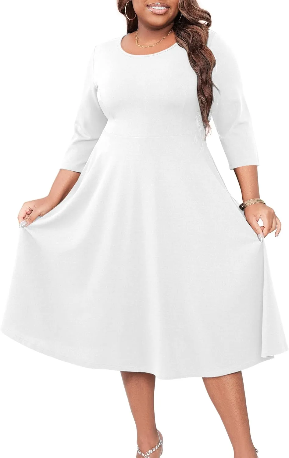 Runwind Women's Plus Size Midi Dress Classy High Waist Wedding Guest Dress Casual Crew Neck 3/4 Sleeve A-Line Swing Dresses