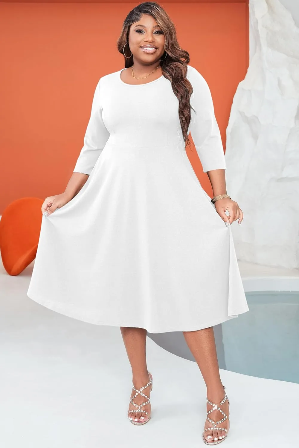 Runwind Women's Plus Size Midi Dress Classy High Waist Wedding Guest Dress Casual Crew Neck 3/4 Sleeve A-Line Swing Dresses