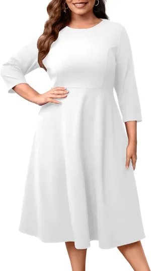 Runwind Women's Plus Size Midi Dress Classy High Waist Wedding Guest Dress Casual Crew Neck 3/4 Sleeve A-Line Swing Dresses