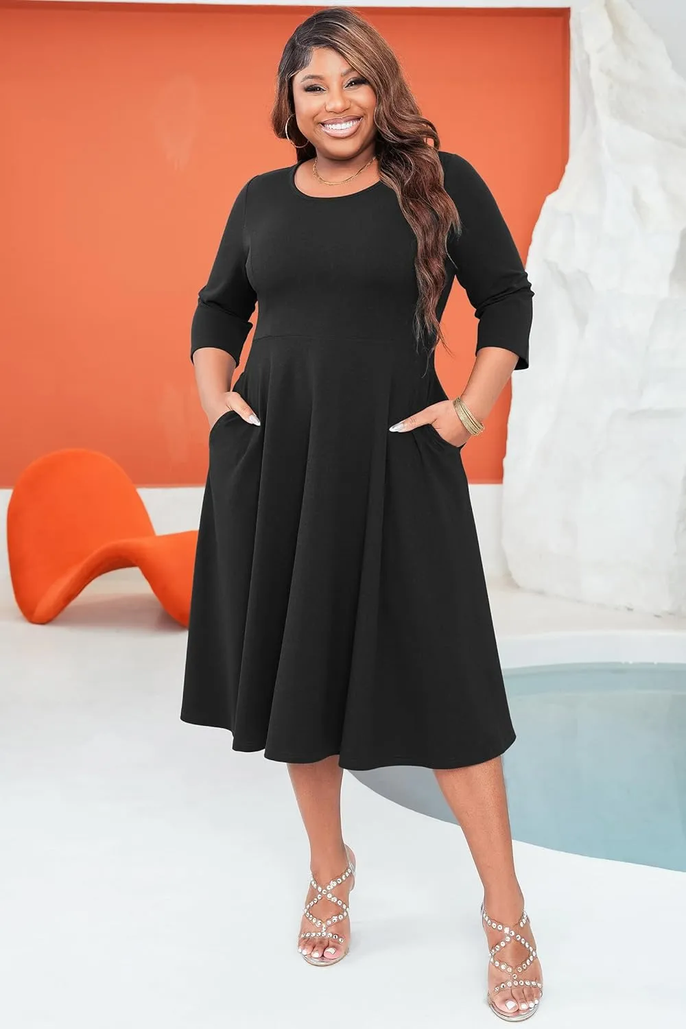 Runwind Women's Plus Size Midi Dress Classy High Waist Wedding Guest Dress Casual Crew Neck 3/4 Sleeve A-Line Swing Dresses