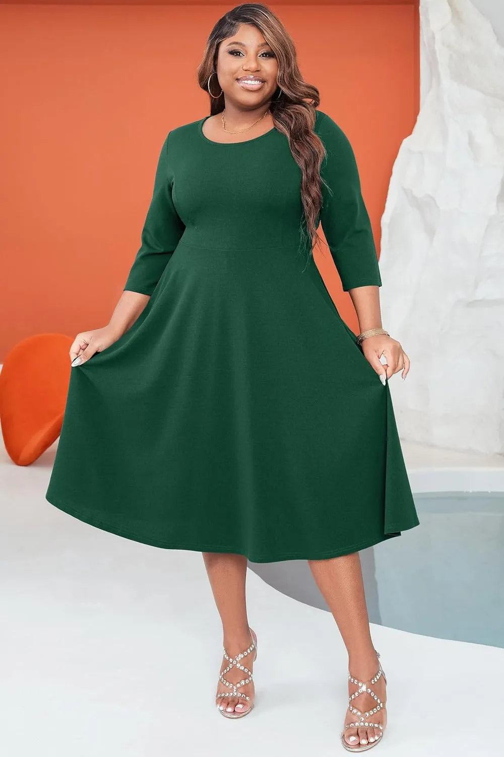 Runwind Women's Plus Size Midi Dress Classy High Waist Wedding Guest Dress Casual Crew Neck 3/4 Sleeve A-Line Swing Dresses