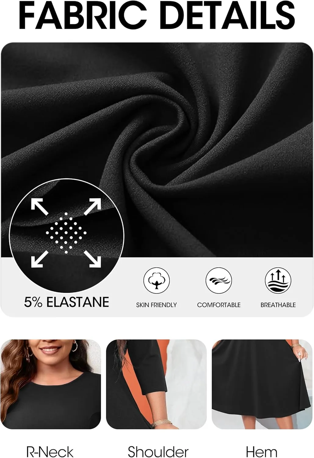Runwind Women's Plus Size Midi Dress Classy High Waist Wedding Guest Dress Casual Crew Neck 3/4 Sleeve A-Line Swing Dresses