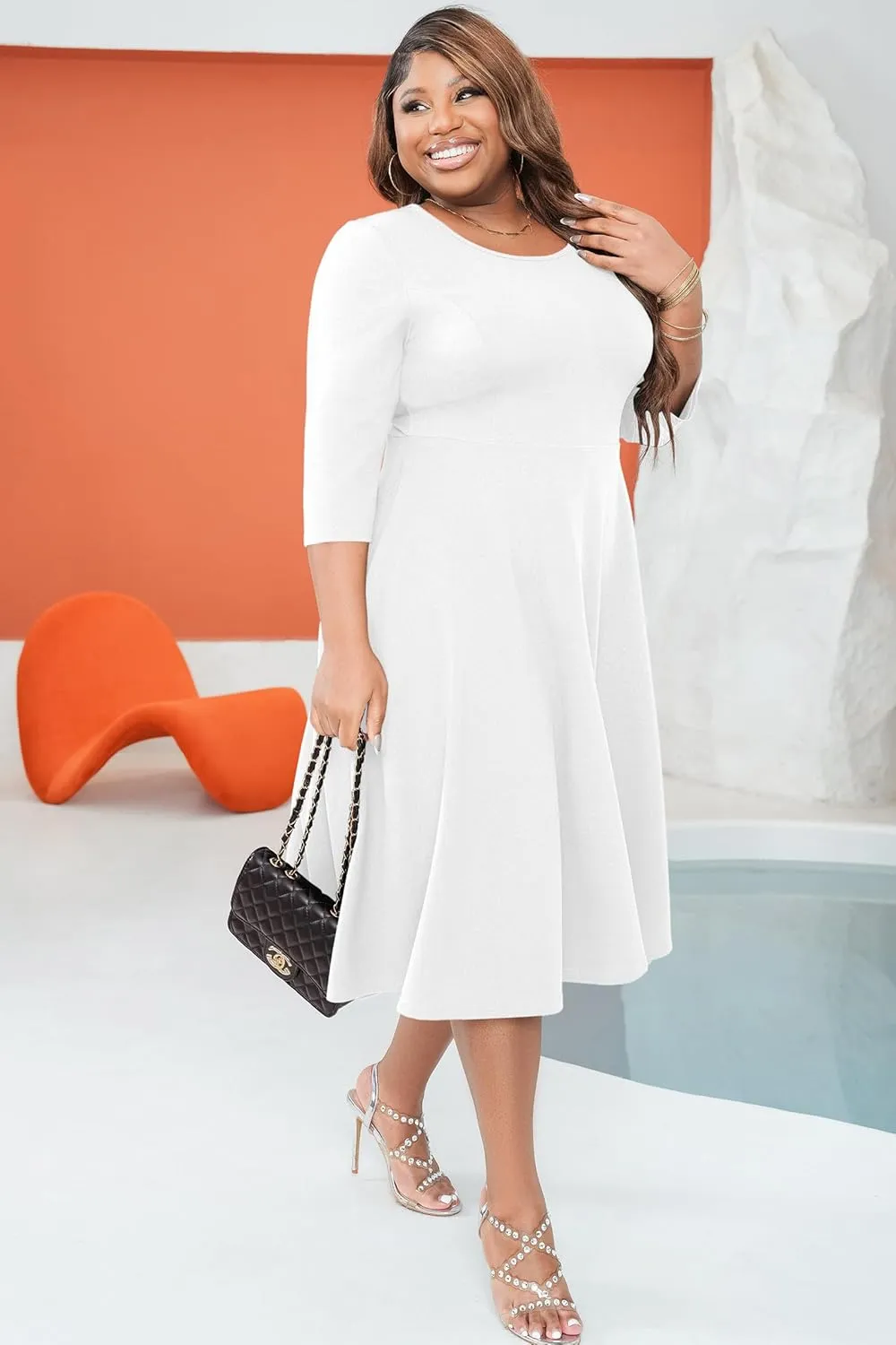 Runwind Women's Plus Size Midi Dress Classy High Waist Wedding Guest Dress Casual Crew Neck 3/4 Sleeve A-Line Swing Dresses