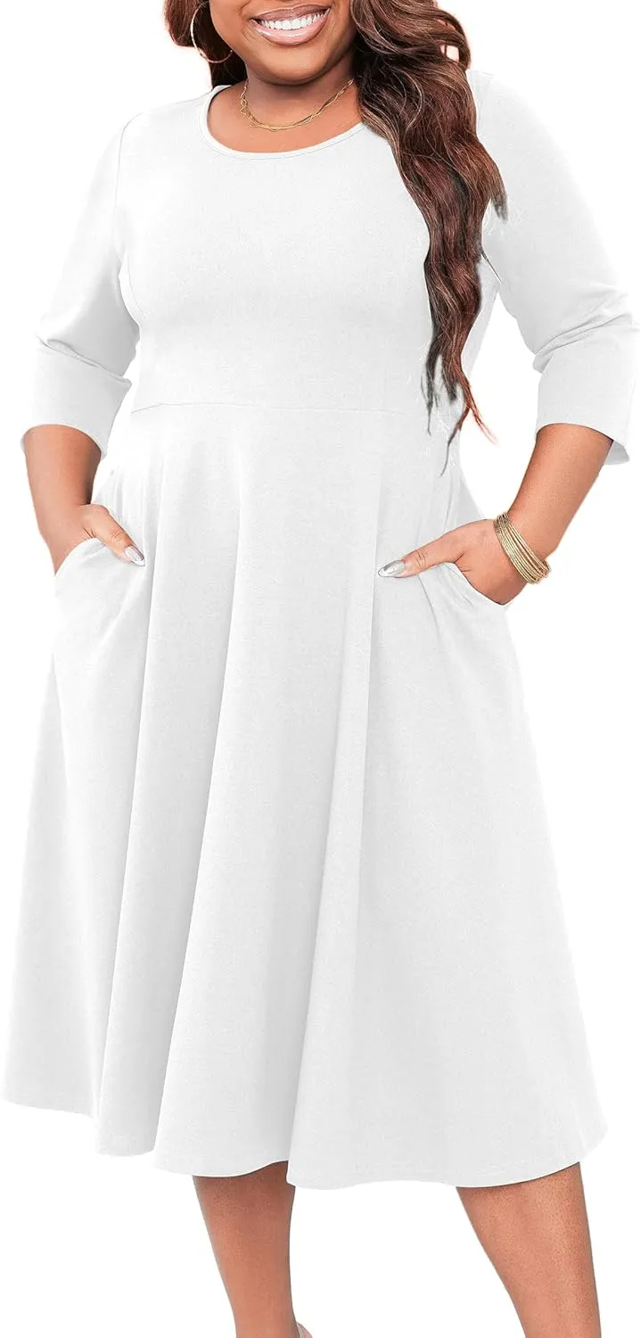 Runwind Women's Plus Size Midi Dress Classy High Waist Wedding Guest Dress Casual Crew Neck 3/4 Sleeve A-Line Swing Dresses