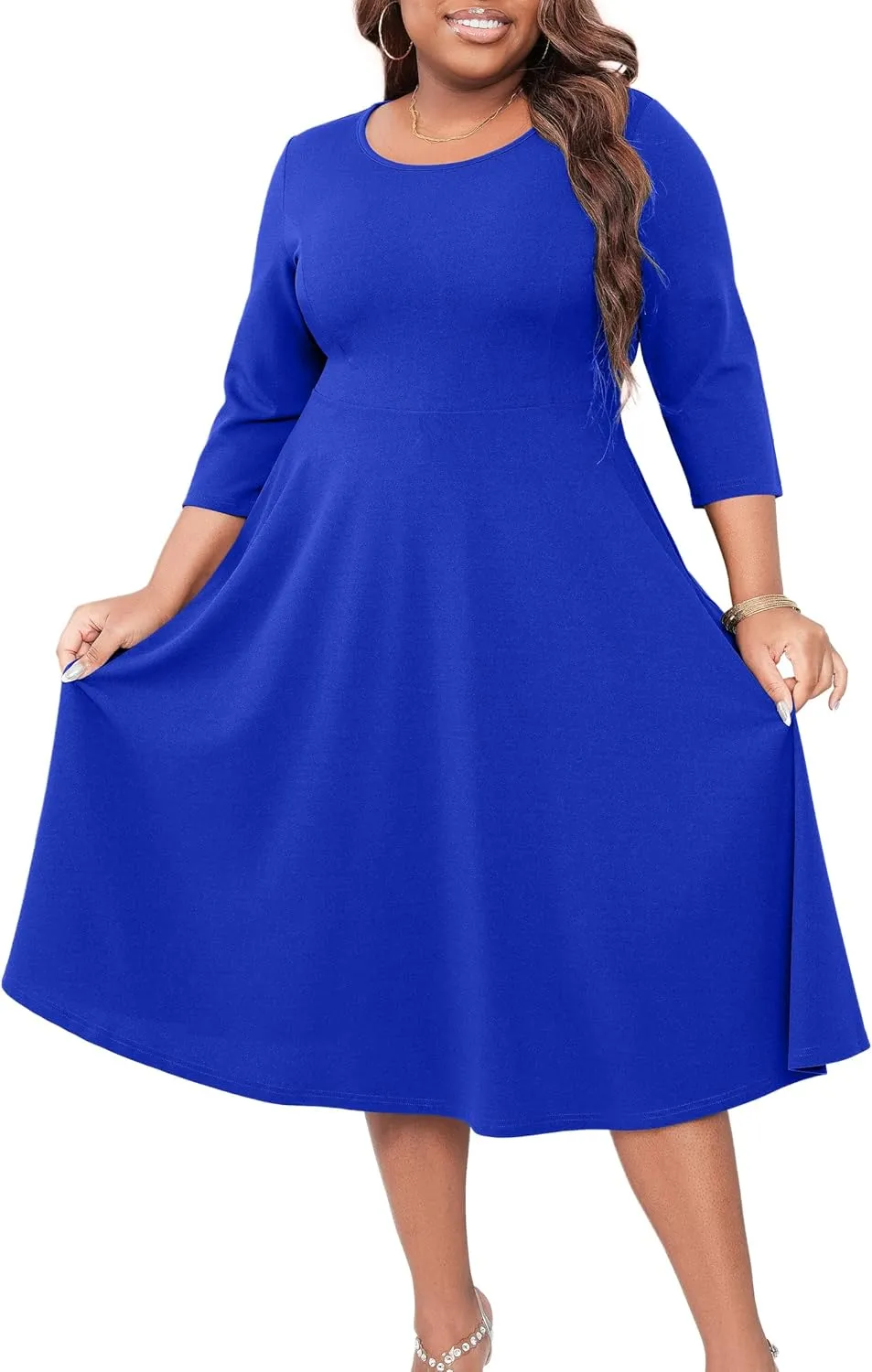 Runwind Women's Plus Size Midi Dress Classy High Waist Wedding Guest Dress Casual Crew Neck 3/4 Sleeve A-Line Swing Dresses