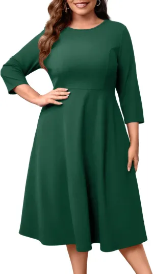Runwind Women's Plus Size Midi Dress Classy High Waist Wedding Guest Dress Casual Crew Neck 3/4 Sleeve A-Line Swing Dresses