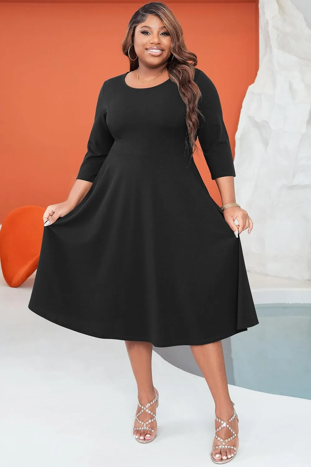 Runwind Women's Plus Size Midi Dress Classy High Waist Wedding Guest Dress Casual Crew Neck 3/4 Sleeve A-Line Swing Dresses