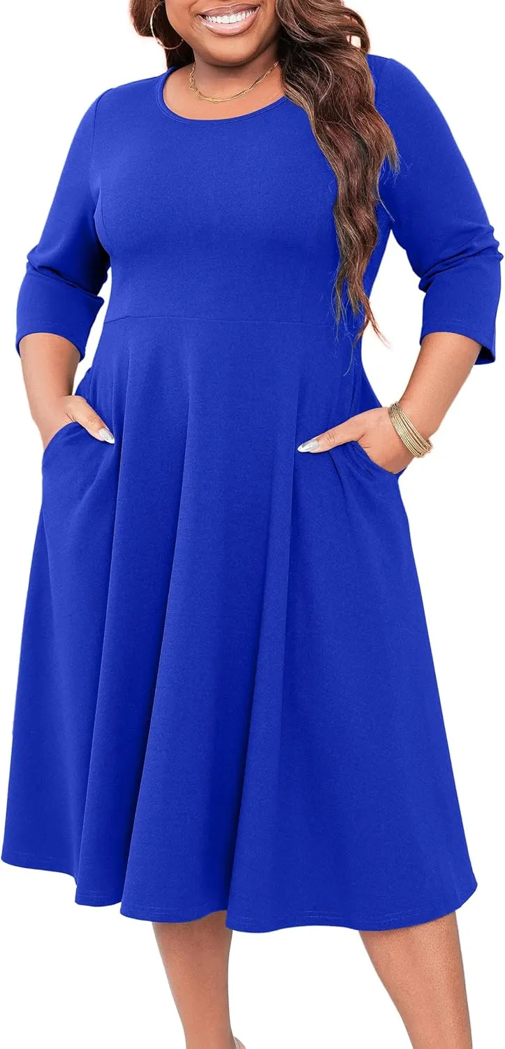 Runwind Women's Plus Size Midi Dress Classy High Waist Wedding Guest Dress Casual Crew Neck 3/4 Sleeve A-Line Swing Dresses