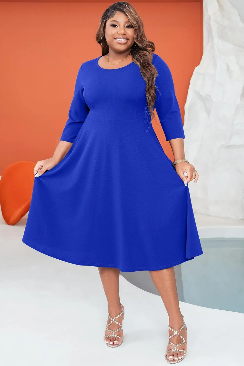 Runwind Women's Plus Size Midi Dress Classy High Waist Wedding Guest Dress Casual Crew Neck 3/4 Sleeve A-Line Swing Dresses